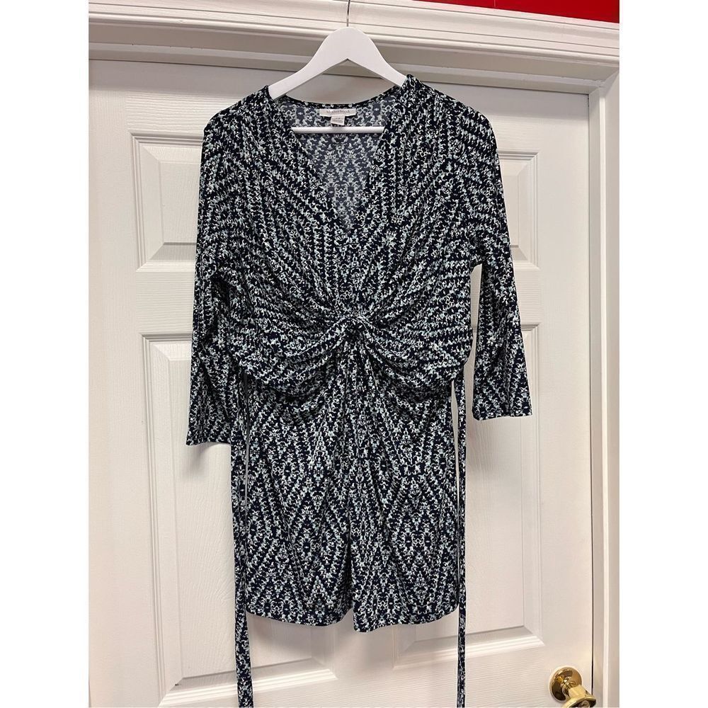 Motherhood Maternity Navy & Green 3/4 Sleeve Front Knot Dress sz L EUC